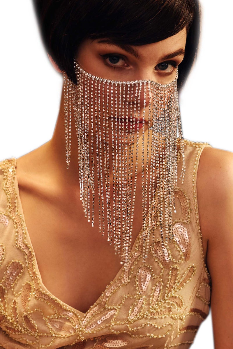 BABEYOND Crystal Rhinestone Fringe Masquerade Mask Chain Costume Headwear Mardi Gras Mask - Image 1